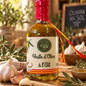 Bouteille d'huile d'olive aromatisée à l'ail 35 cl, ruban catalan, Olivera del Sol