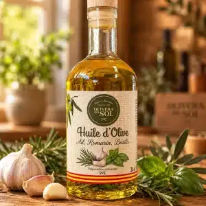Bouteille d'huile d'olive aromatisée ail, romarin et basilic 35 cl, Olivera del Sol au Soler