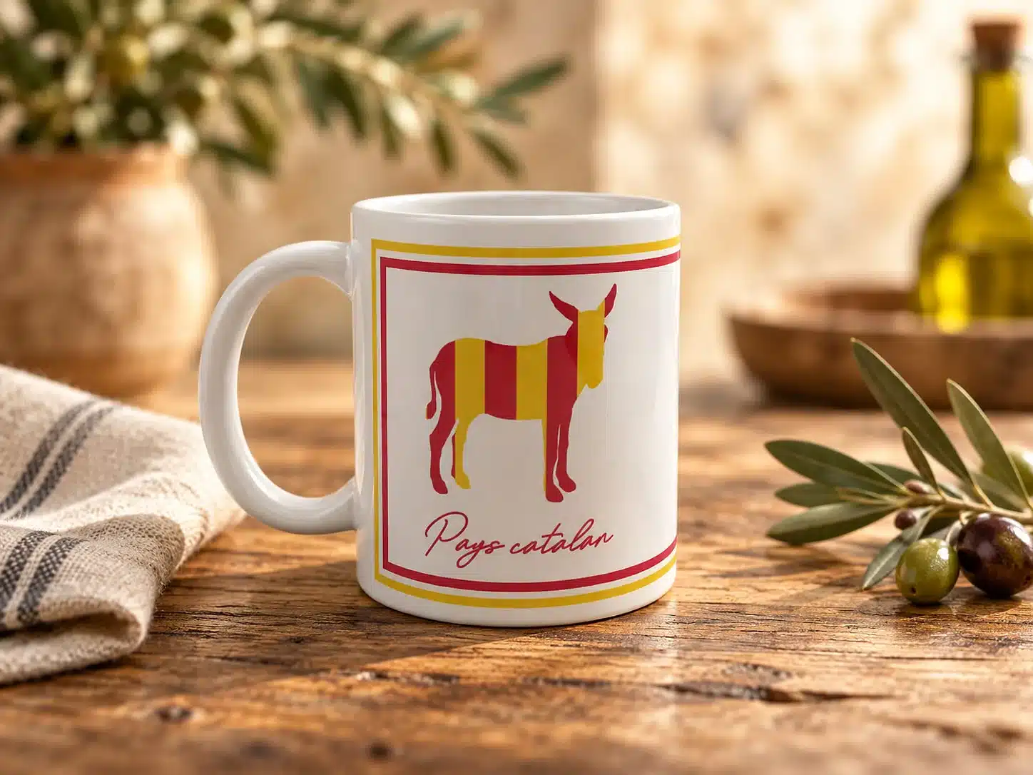 Mug blanc à l'âne catalan aux couleurs sang et or, La Boutique Catalane